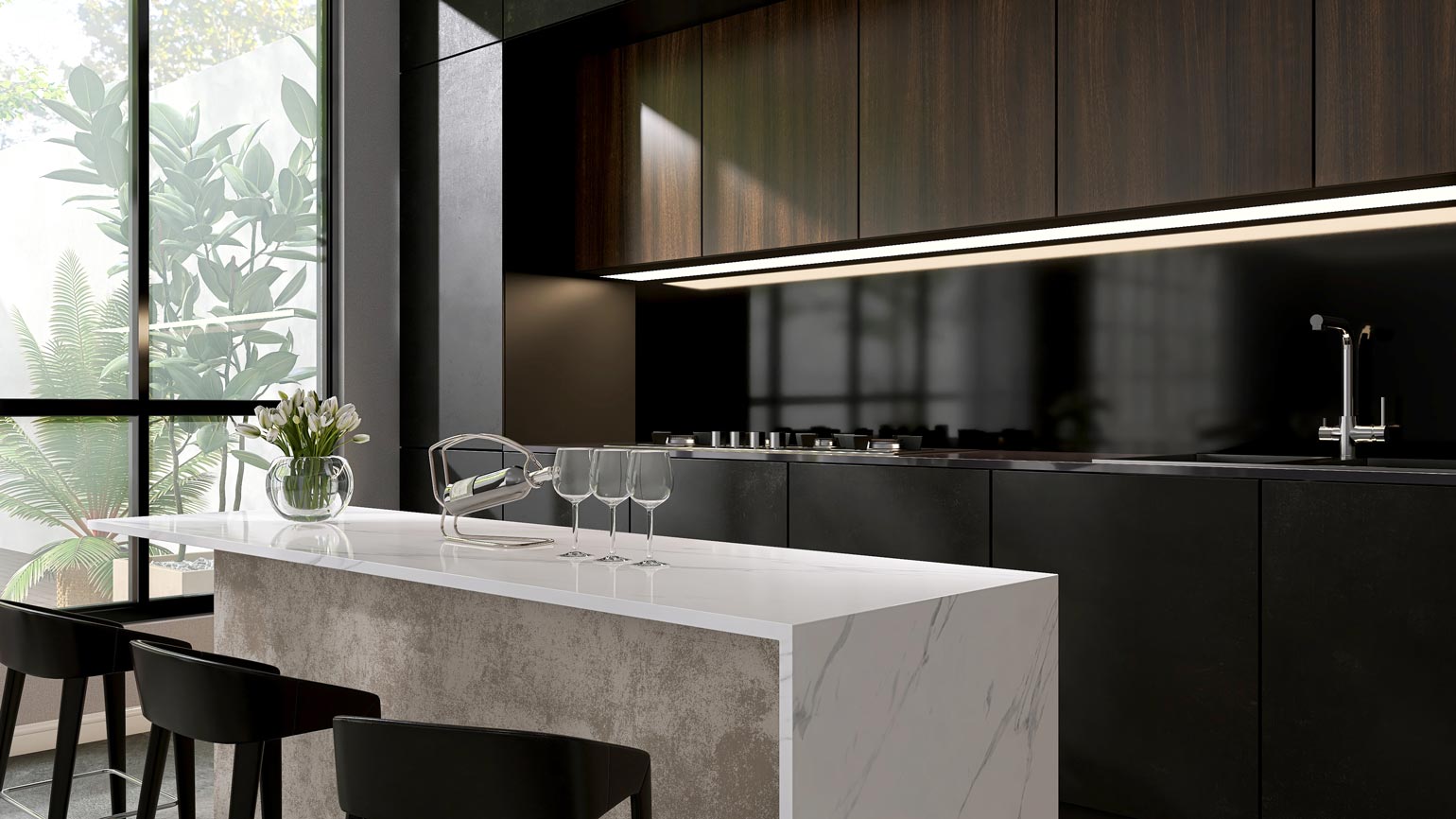 Elegant kitchen with modern white marble island, and black cabinet counter